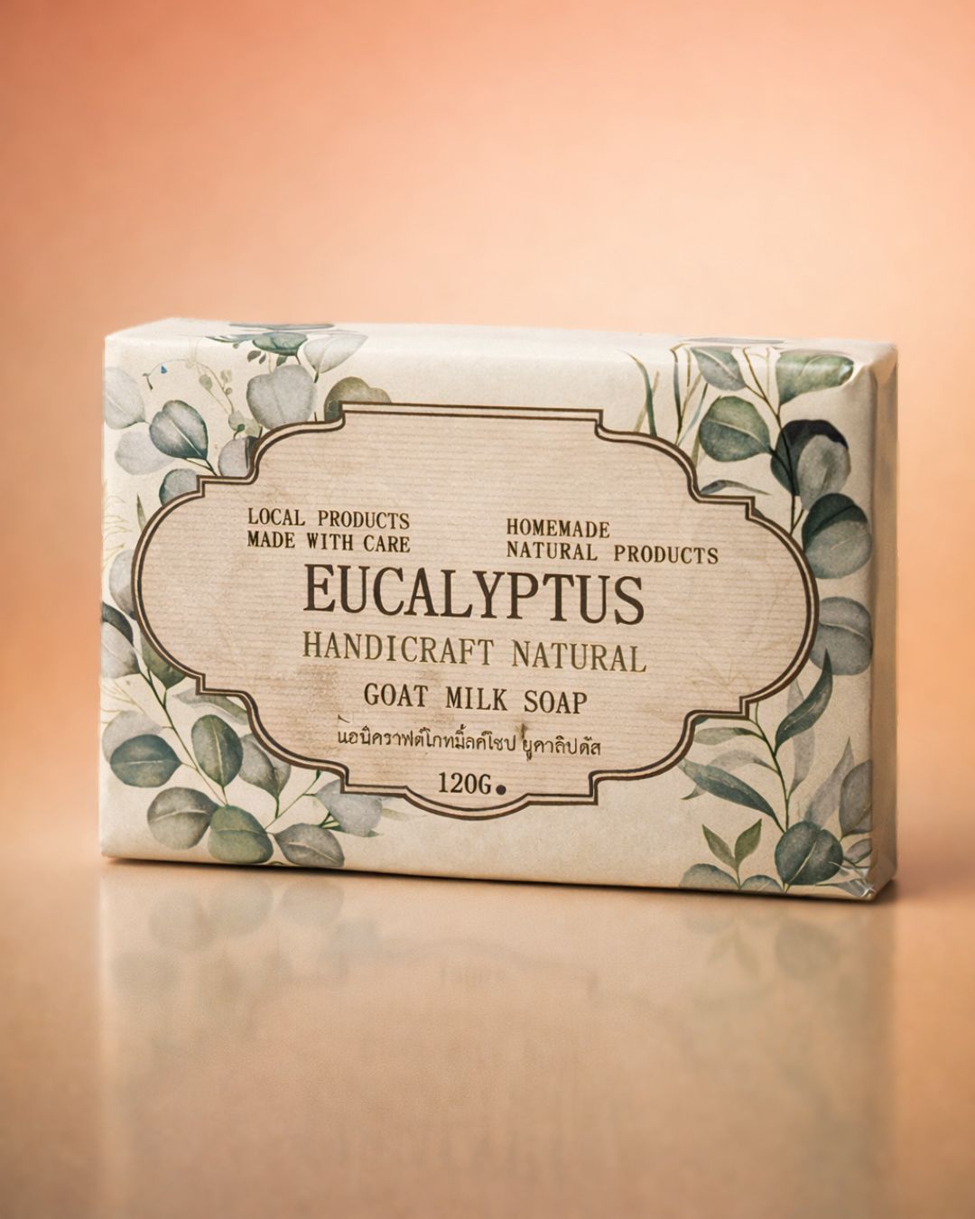 Eucalyptus soap bar with packaging on a peach background