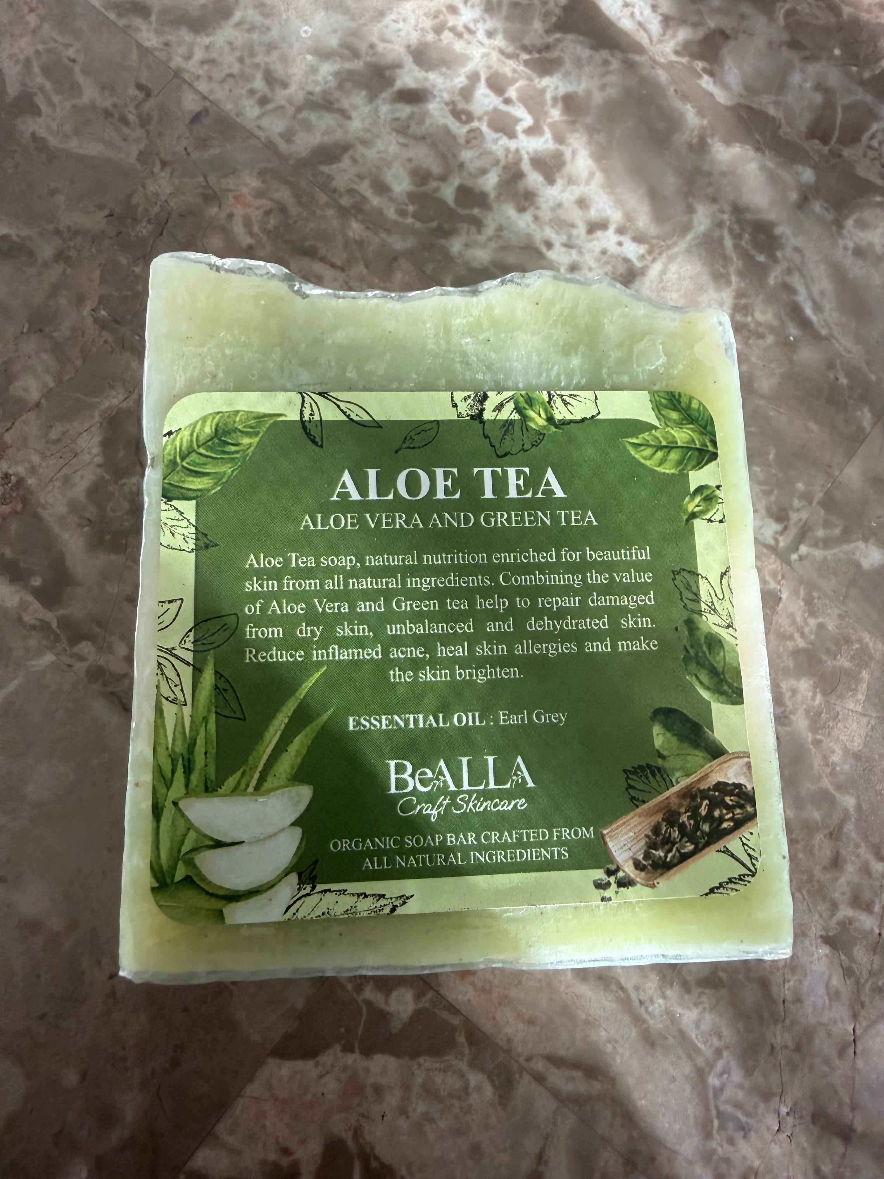 BeAlla Aloe Tea soap bar on a marbled surface